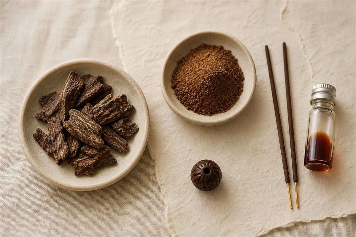 Agarwood chips, powder, unlit incense sticks, oud oil vial, and carved wood bead in separate neutral dishes