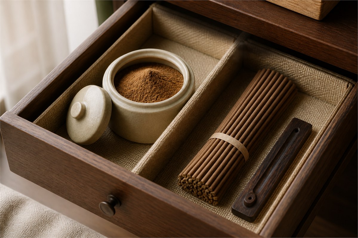 Closed ceramic powder jar and bundle of unlit brown incense sticks arranged in a dry divided wooden drawer