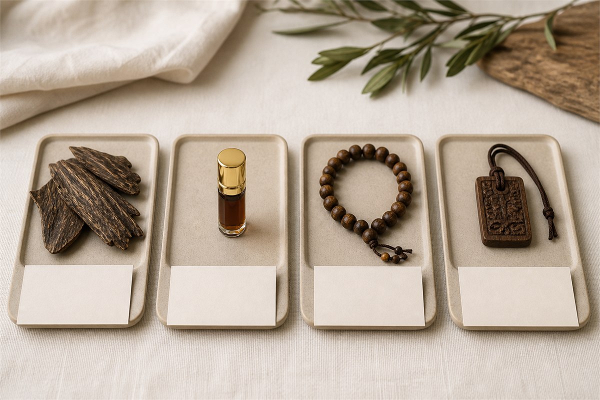 Agarwood chips, oud oil vial, bead bracelet, and carved wood pendant displayed on separate neutral trays
