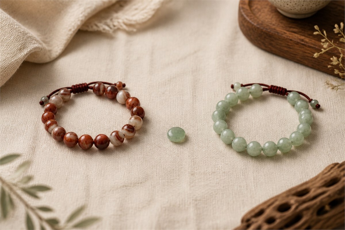 Rust and cream banded agate bracelet beside a pale celadon nephrite bracelet and a separate green cabochon