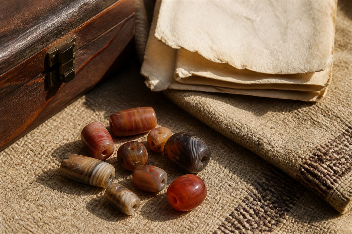 Carnelian and banded agate beads beside blank parchment, woven cloth, and a wooden travel box