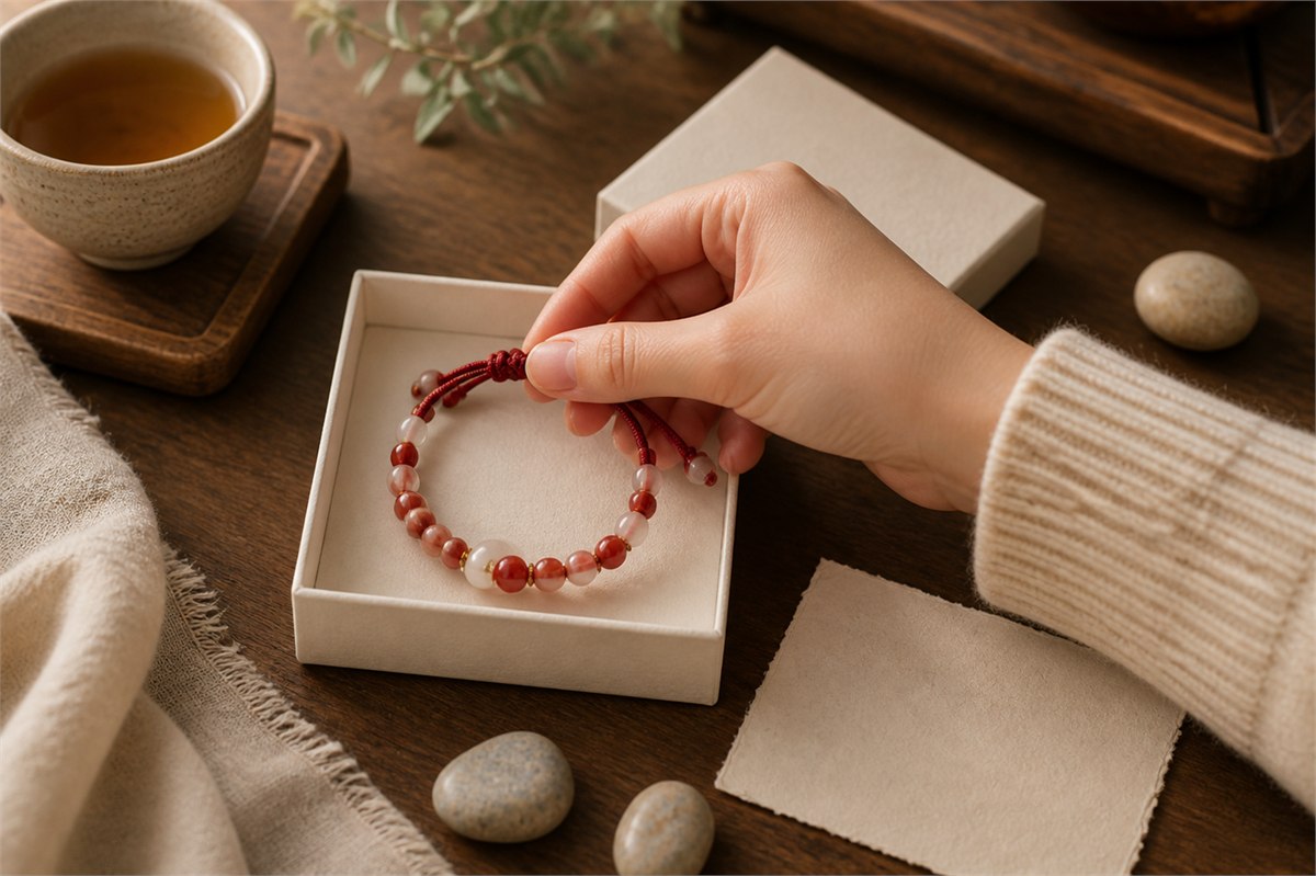 Adult hand placing a red and cream agate bead bracelet into an ivory gift box beside a blank handmade-paper note