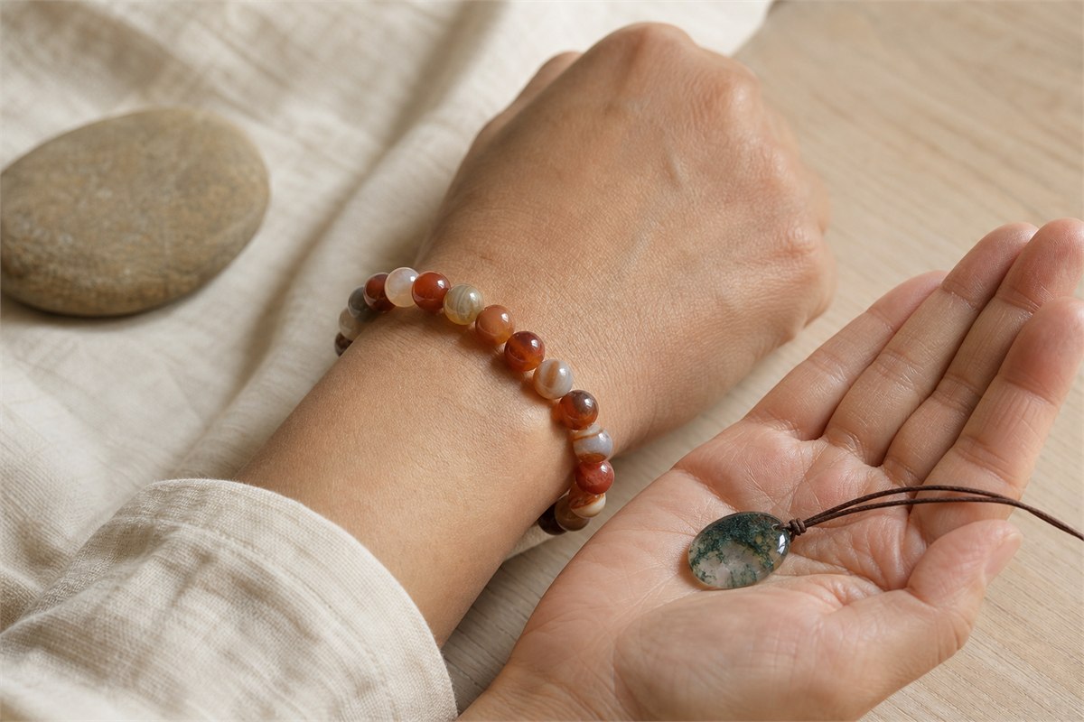 Agate bead bracelet and banded agate pendant resting on warm neutral fabric beside a small gift box