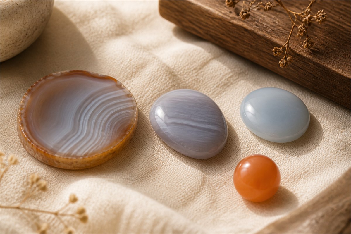 Polished agate slice, subtly banded agate cabochon, even blue-gray chalcedony cabochon, and orange chalcedony bead