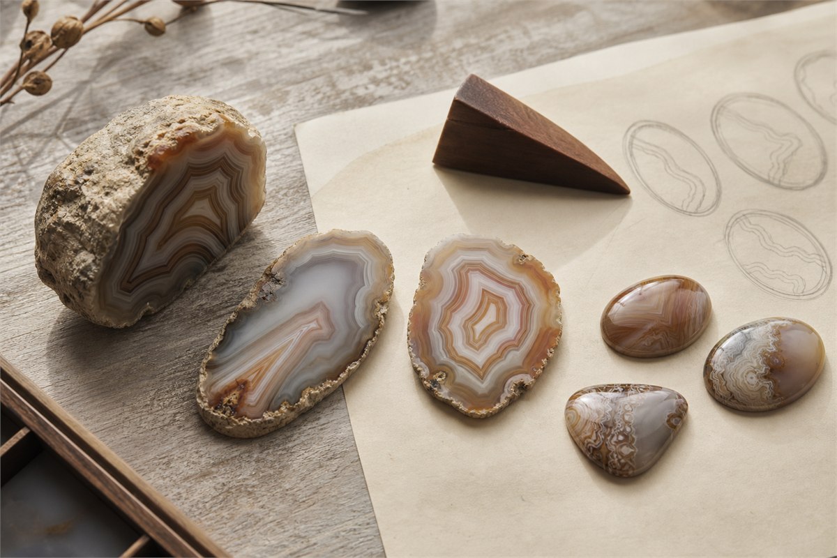 Rough agate, a partially shaped piece, and a polished cabochon showing how cutting follows the stone's bands