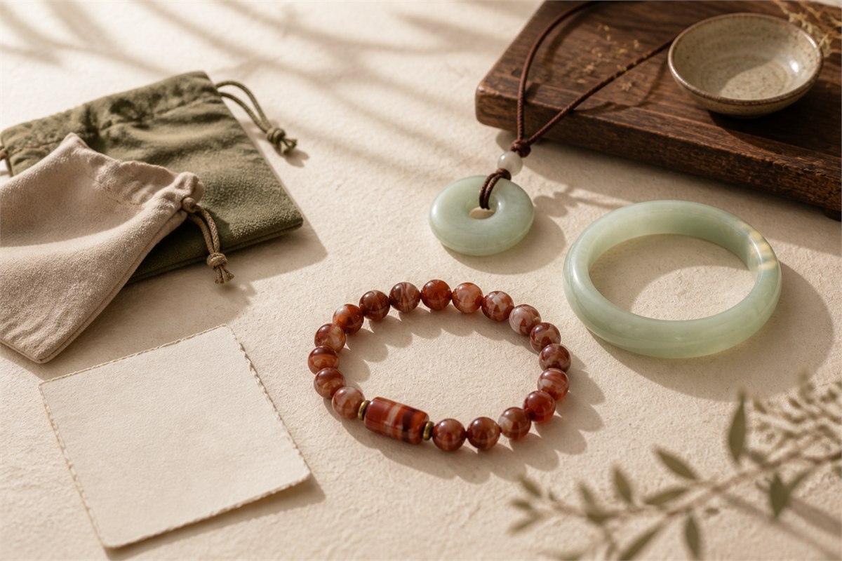 Banded agate bracelet, pale green jade bangle, and creamy nephrite pendant arranged with two soft pouches and a blank note