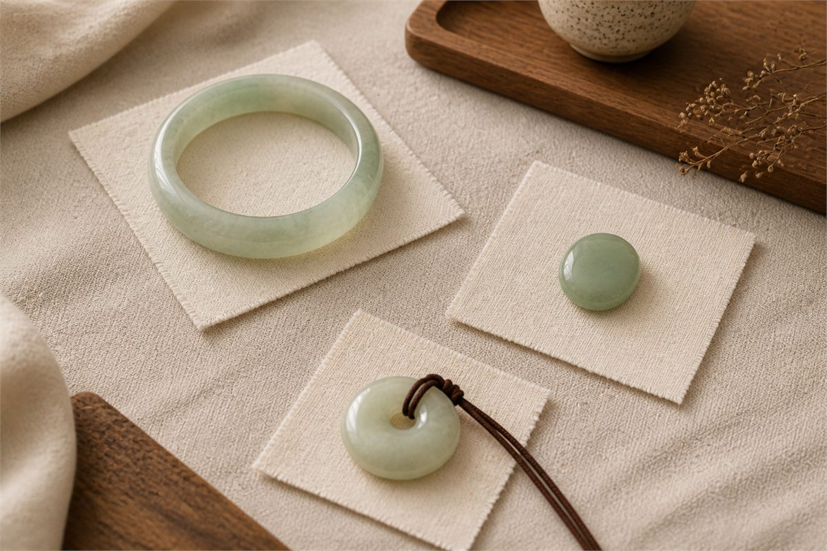 Green chalcedony bangle, pale green jadeite cabochon, and creamy nephrite pendant displayed on separate ivory cloth squares