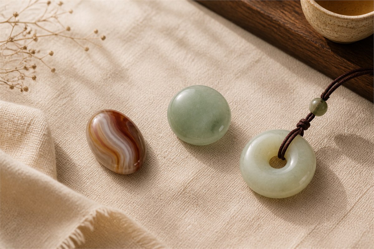 Banded agate cabochon, pale green jadeite cabochon, and creamy nephrite disc pendant arranged separately on ivory linen