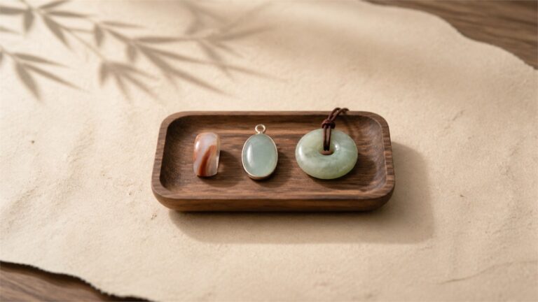 Banded agate cabochon, pale green jadeite pendant, and creamy nephrite disc arranged on a wooden tray
