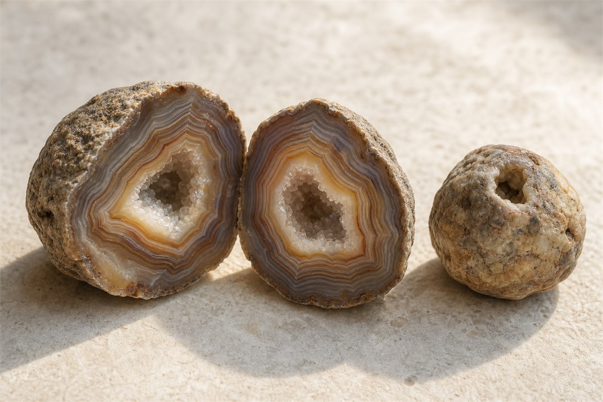 Cut agate nodule showing concentric chalcedony bands around a natural cavity beside its rough outer surface