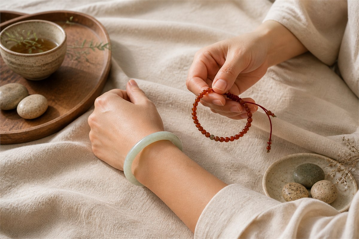 Adult wearing a pale jade bangle while holding a red agate bead bracelet as a separate comfortable option