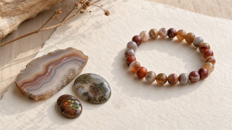 Polished banded agate slices, a small agate nodule, and an agate bracelet arranged in warm natural light