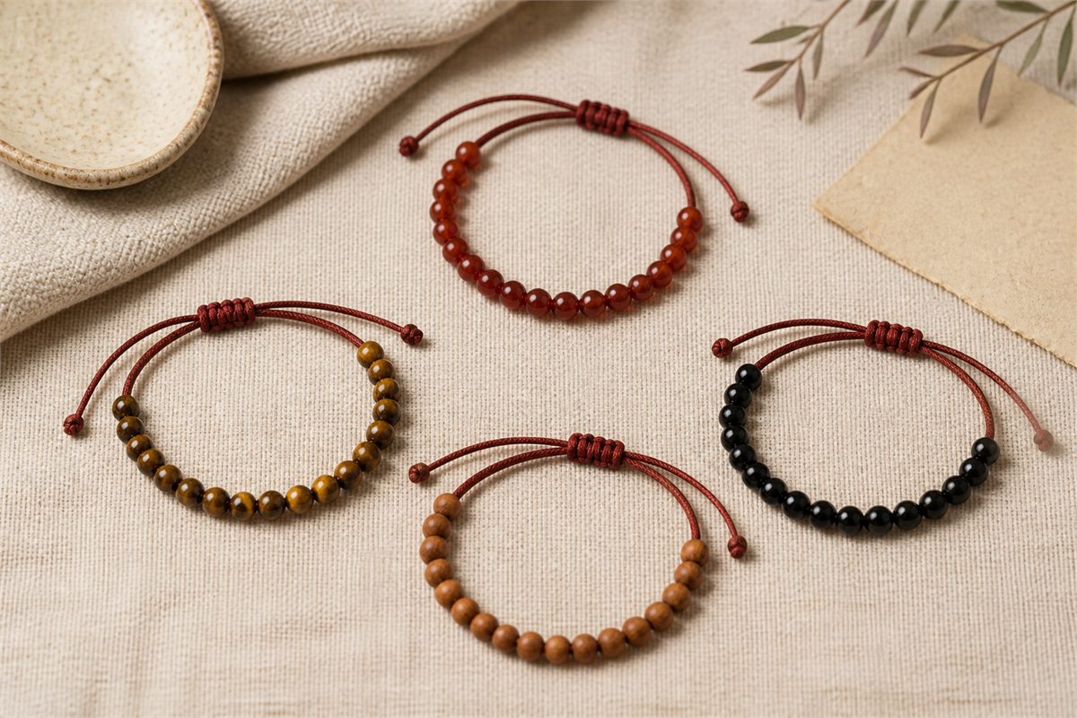 Separate red agate, tiger eye, black obsidian, and natural wood bead bracelets on linen