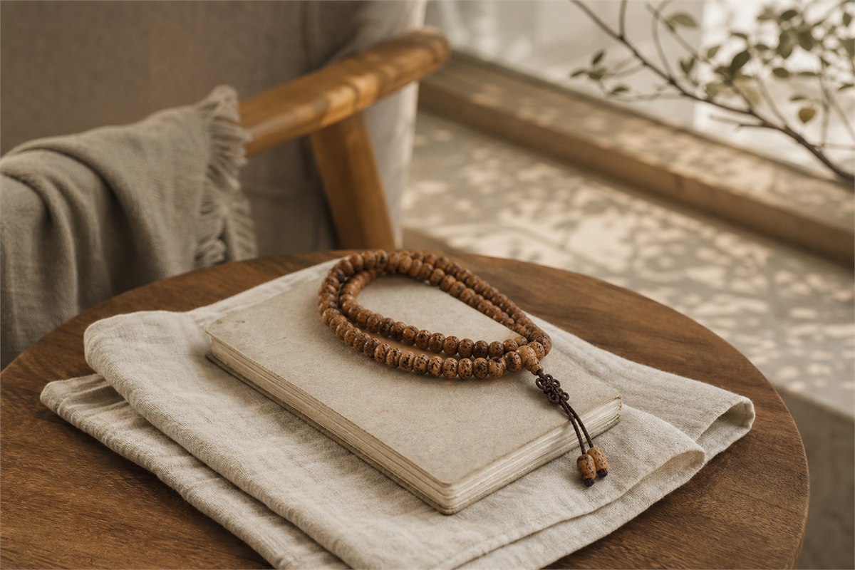 Warm brown Xingyue mala resting on an unmarked journal beside a reading chair