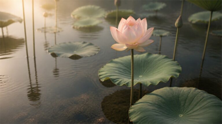 Upright pale lotus above a calm pond in warm dawn light
