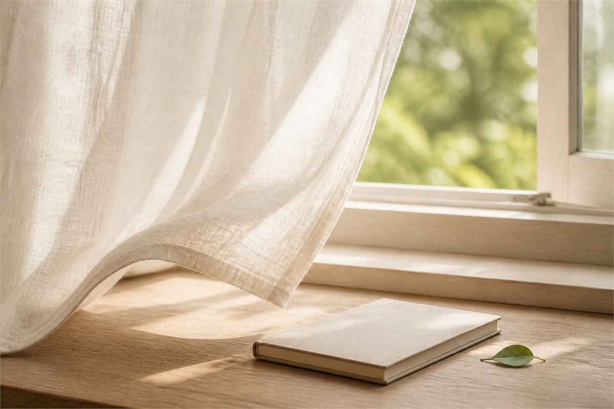 Light linen curtain moving beside an open window with a leafy branch