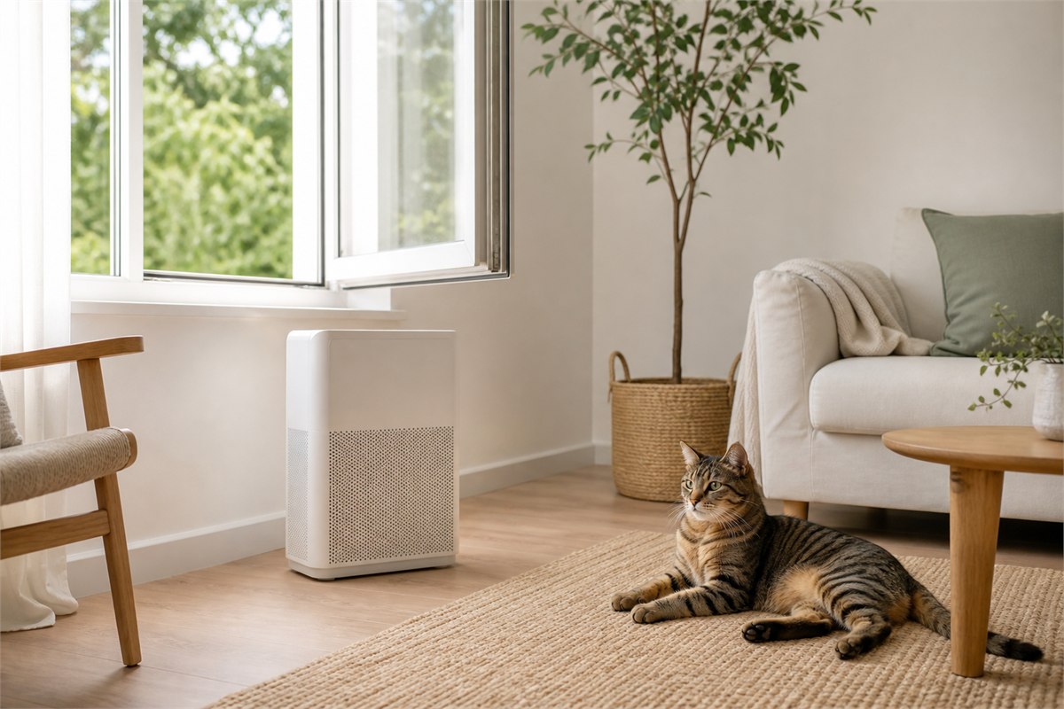 Tabby cat resting in a bright room with an open window and a plain air purifier