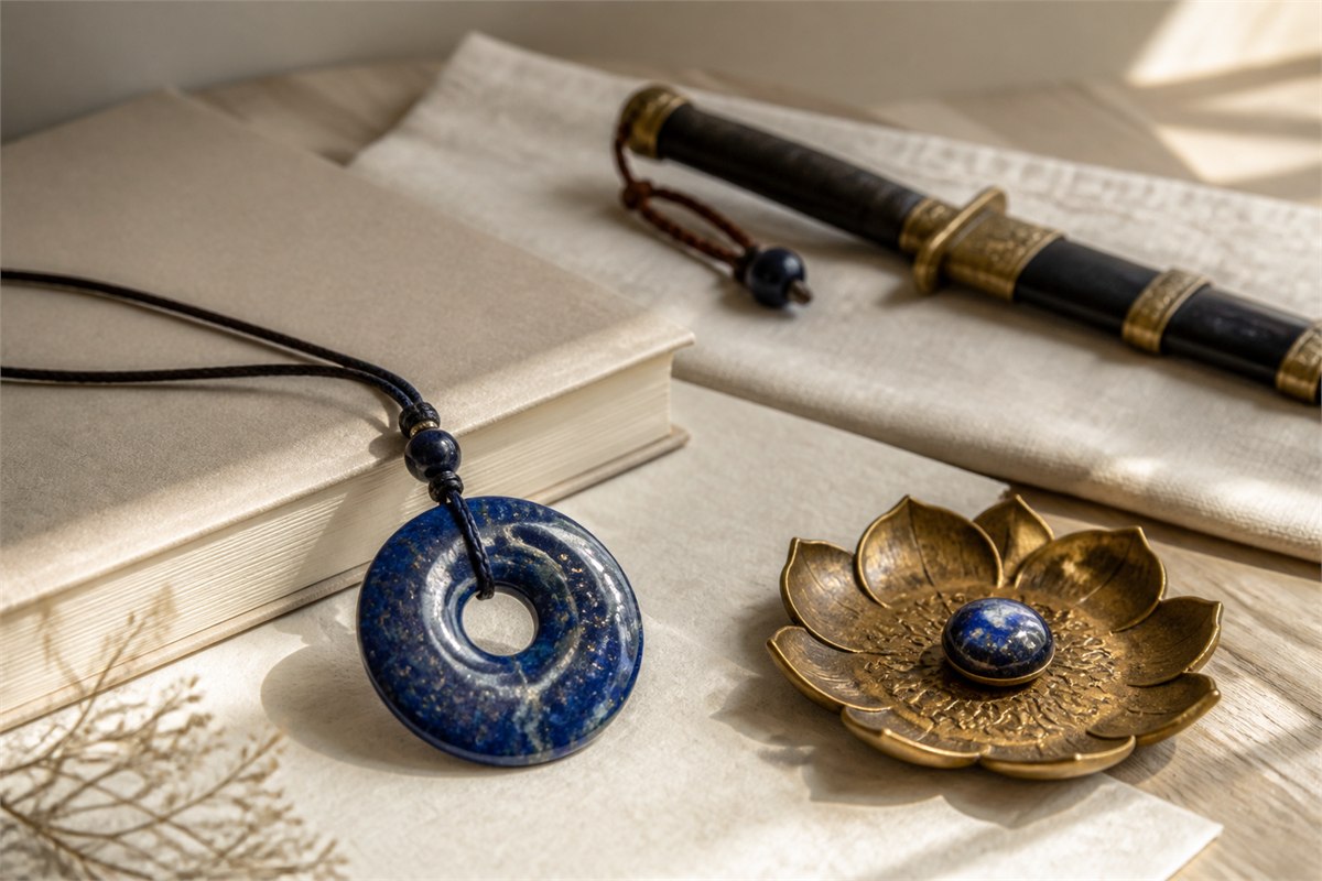 Blue stone pendant beside a closed book, polished blue jewel, lotus tray, and sheathed ceremonial sword