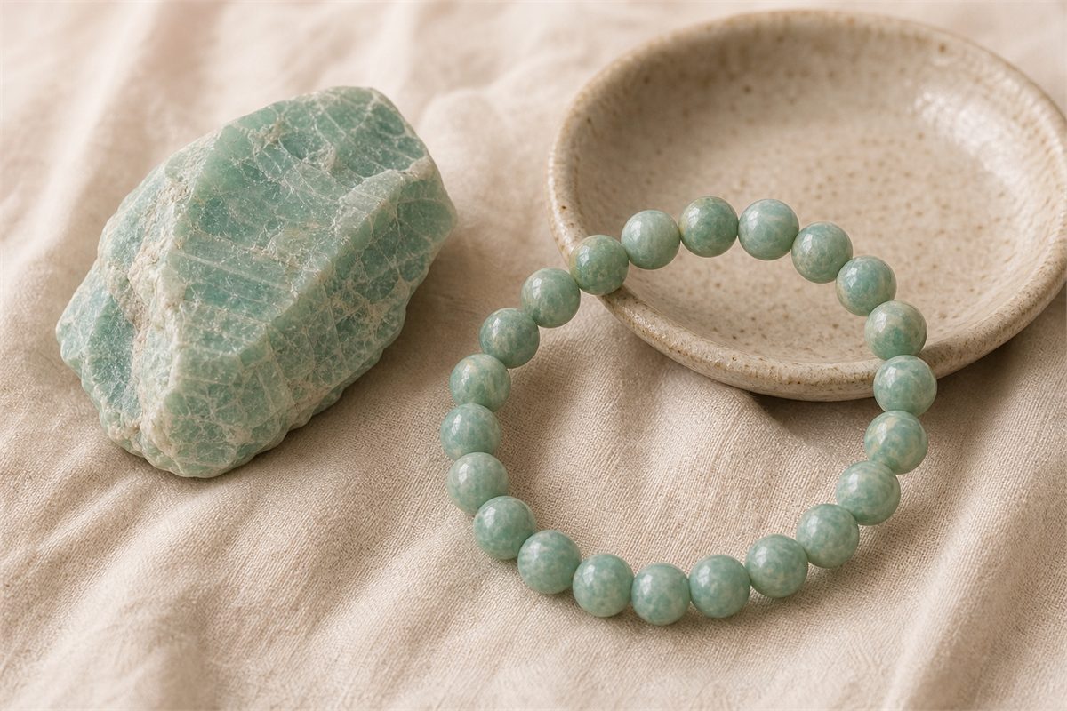 Blue-green amazonite bead bracelet and rough amazonite feldspar on cream linen
