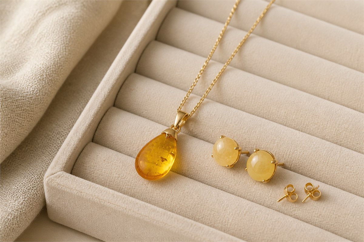 Amber drop pendant and two pale yellow calcite stud earrings with separate backs