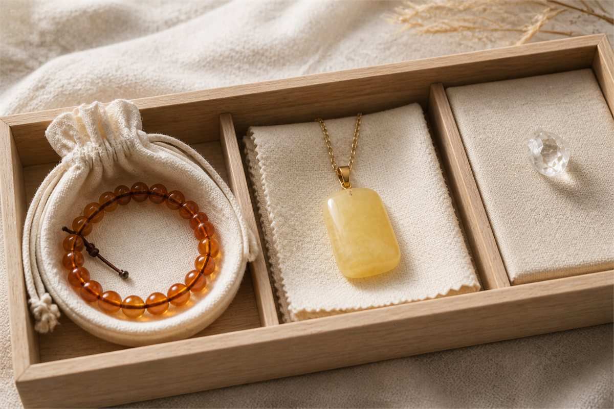 Amber bracelet in a soft pouch, yellow calcite pendant on cloth, and quartz kept in a separate tray compartment