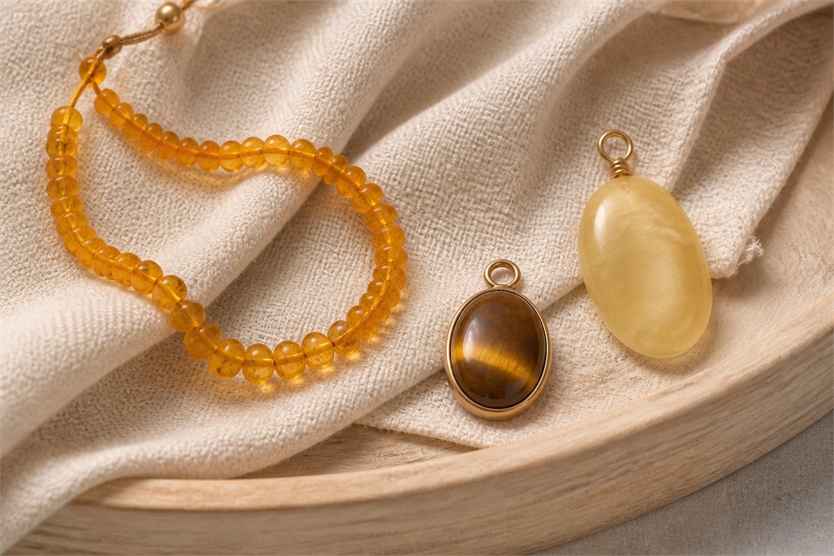 Translucent amber bracelet, striped tiger's eye cabochon, and creamy yellow calcite pendant