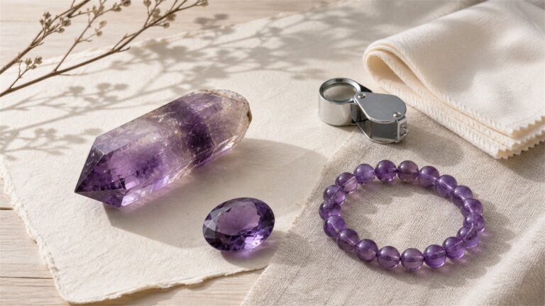 Naturally zoned amethyst crystal, faceted oval, bead bracelet, loupe, and soft care cloth on warm ivory linen