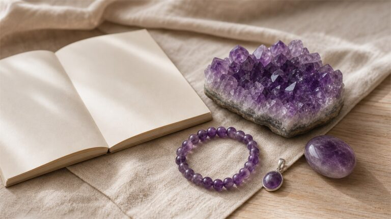 Amethyst cluster, bracelet, pendant, and palm stone arranged beside a blank journal on warm ivory linen