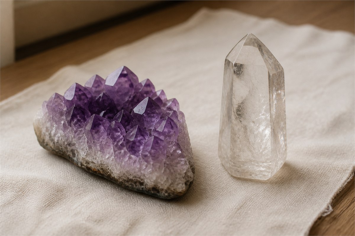 Purple amethyst cluster beside a transparent clear quartz point on cream linen