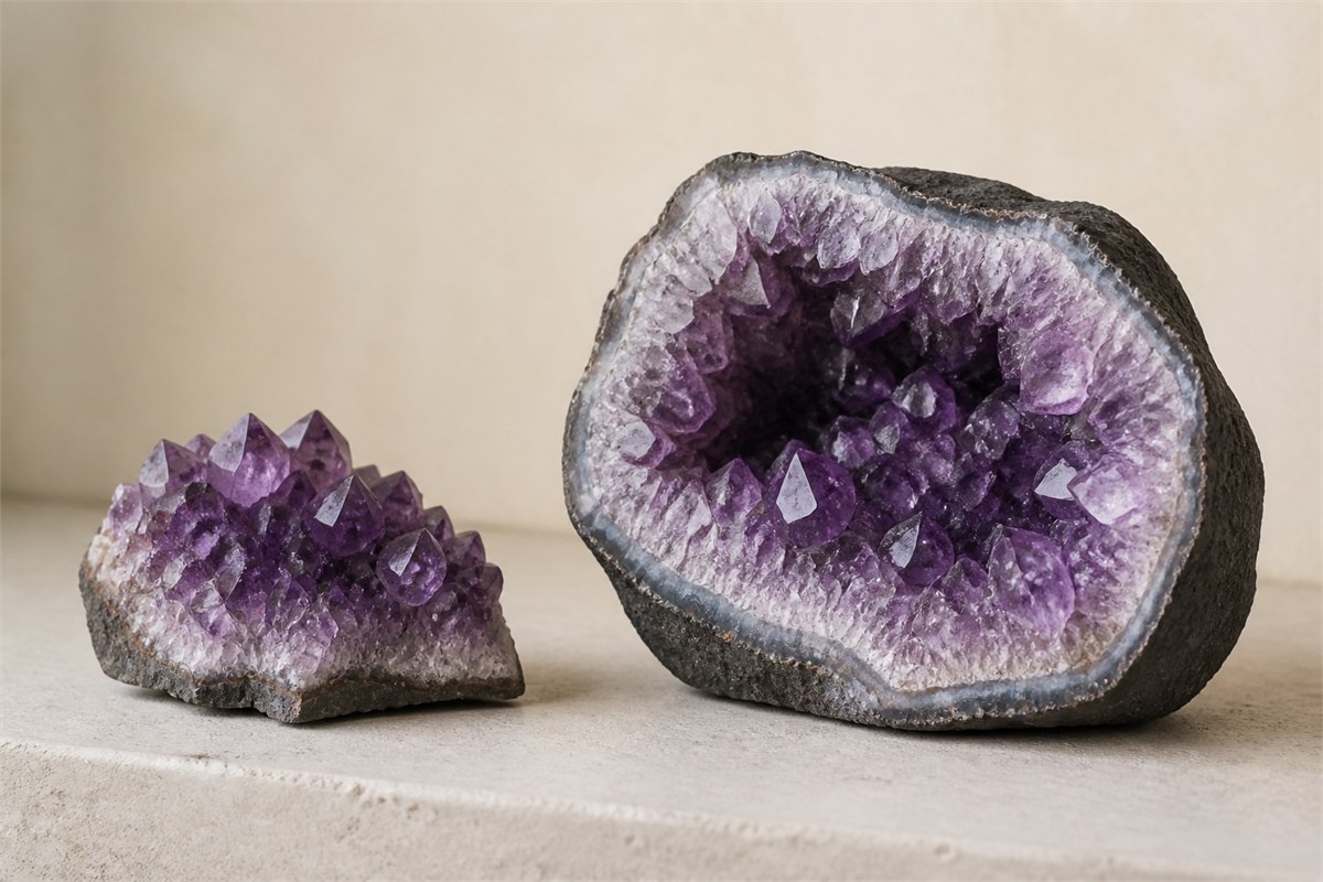 Amethyst cluster on rough matrix beside a geode with dark outer rock, pale agate layer, and varied inward-pointing crystals