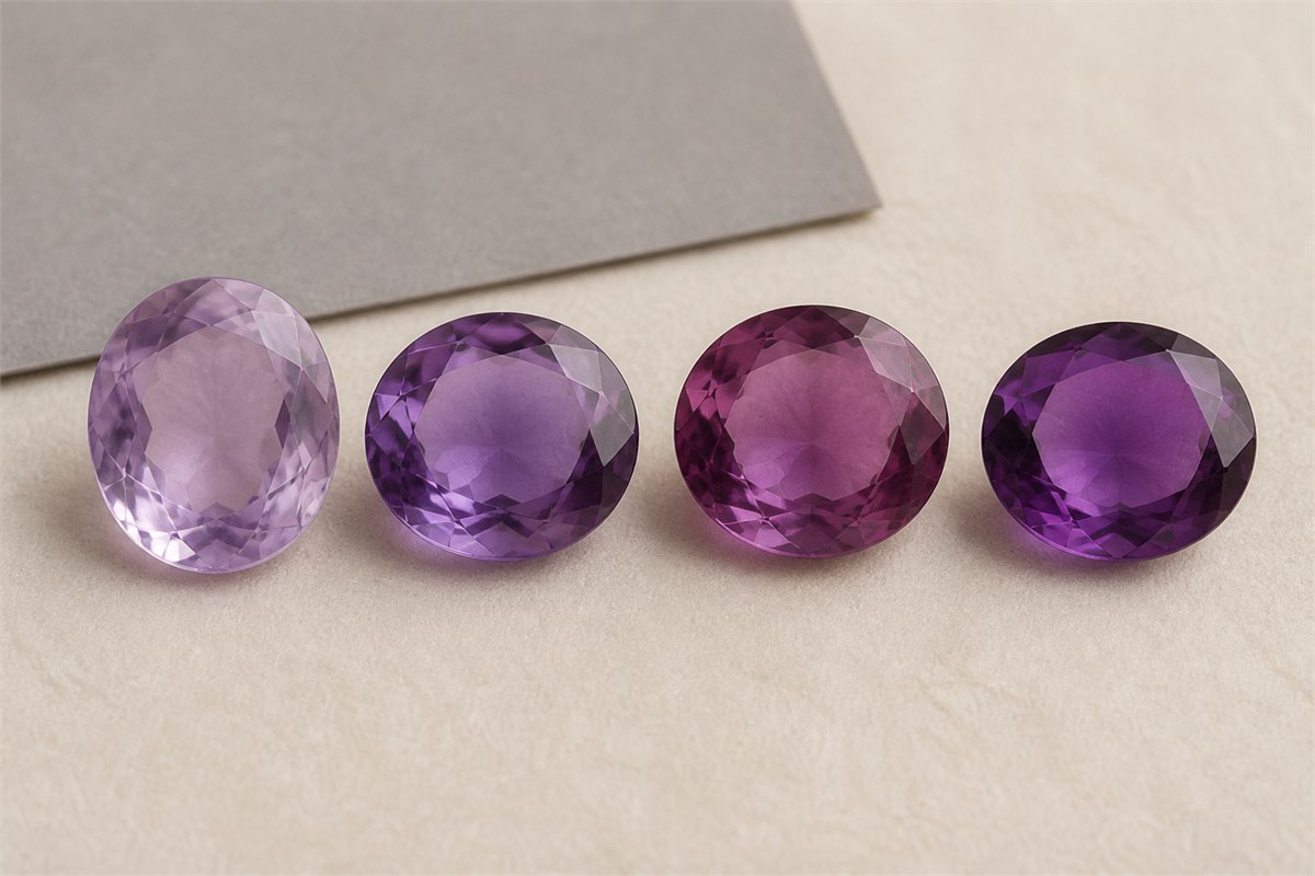 Four faceted amethyst stones ranging from pale lavender to reddish violet and deep purple on warm ivory paper