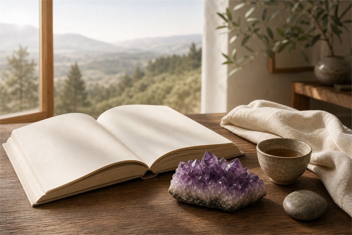 Amethyst cluster beside an open unprinted book, ceramic cup, and folded ivory linen in soft daylight