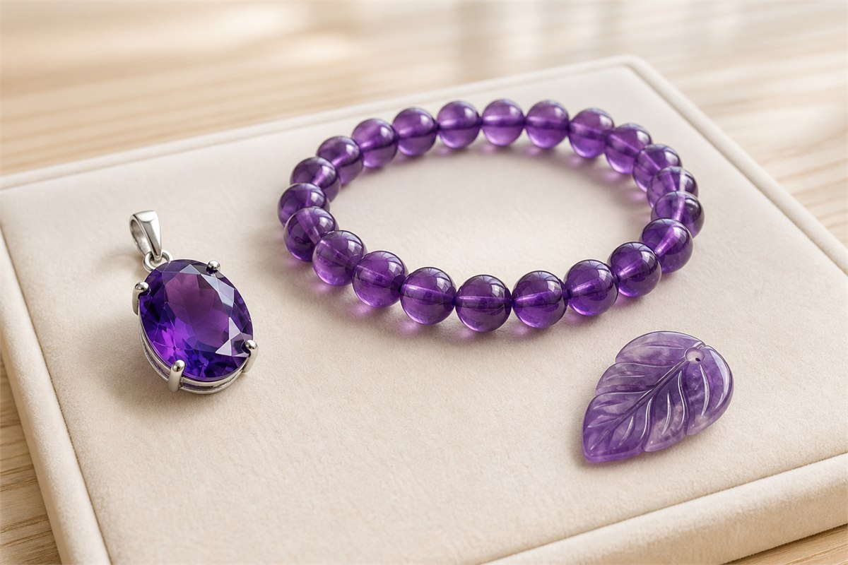 Oval amethyst pendant, matched round-bead bracelet, and polished leaf carving arranged on a cream jewelry pad