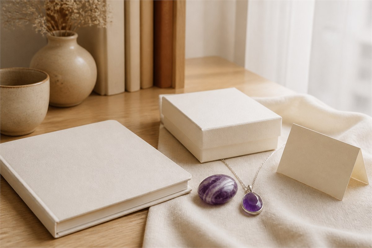Amethyst pendant and zoned palm stone beside a blank card, cream gift box, and closed journal in soft window light