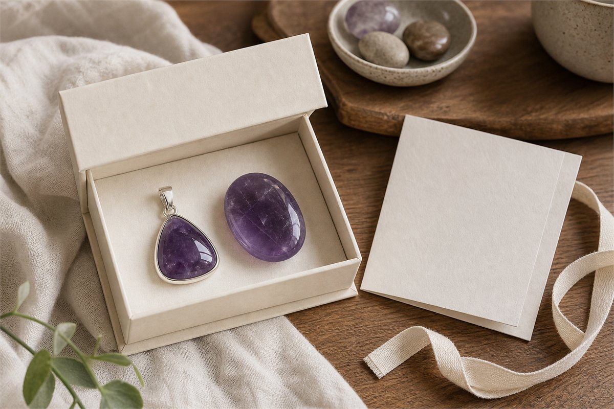 Amethyst pendant and palm stone in an open cream gift box beside a blank folded card