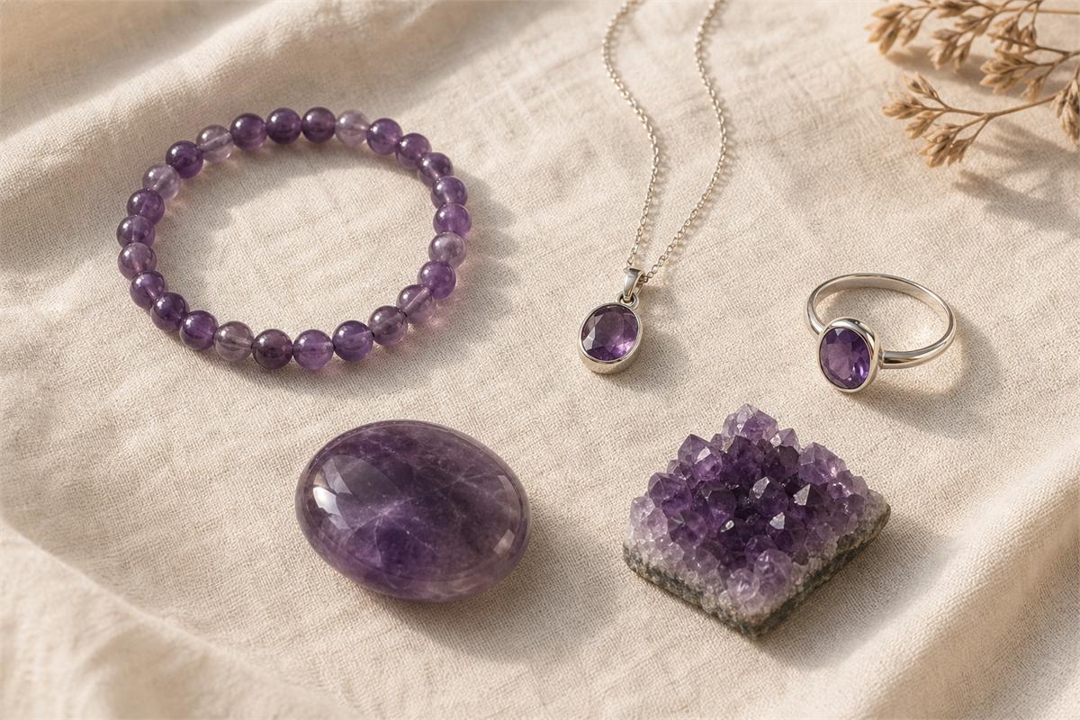 Amethyst bracelet, pendant, ring, palm stone, and small cluster arranged separately on ivory linen