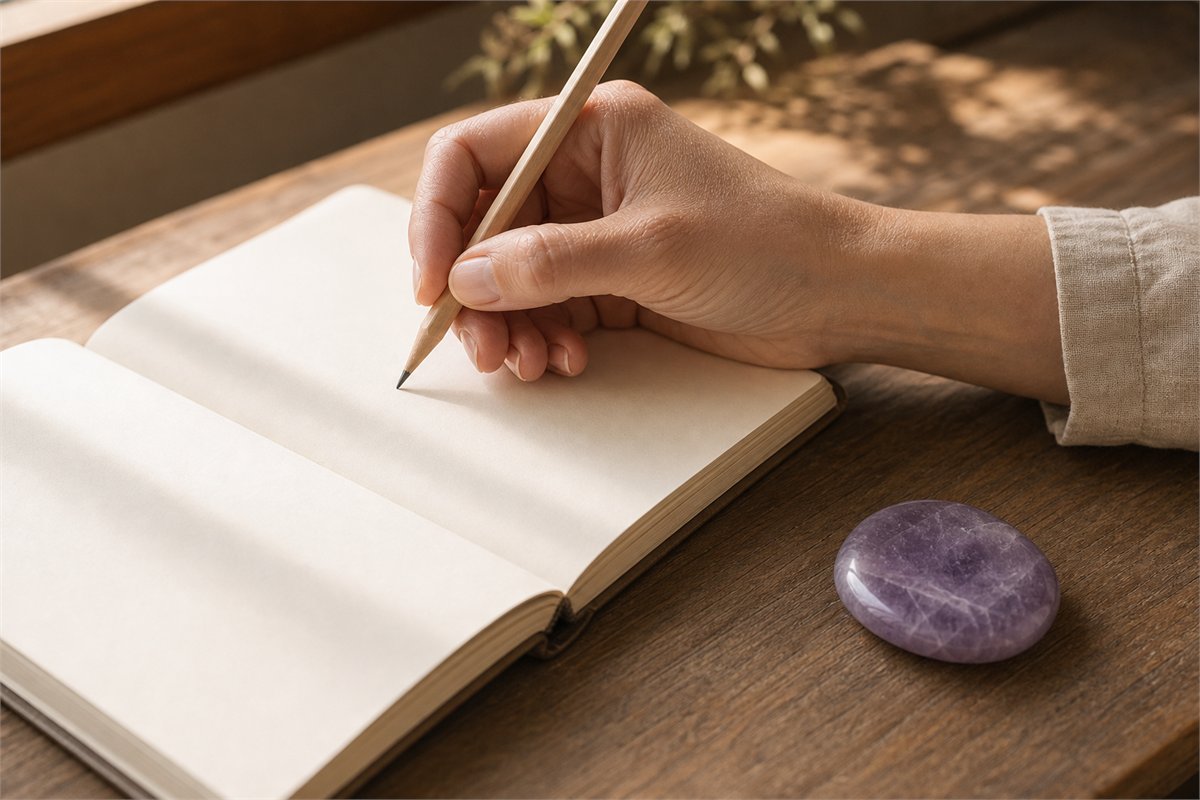 Relaxed hand writing in a blank journal beside a small amethyst stone on a warm wooden desk
