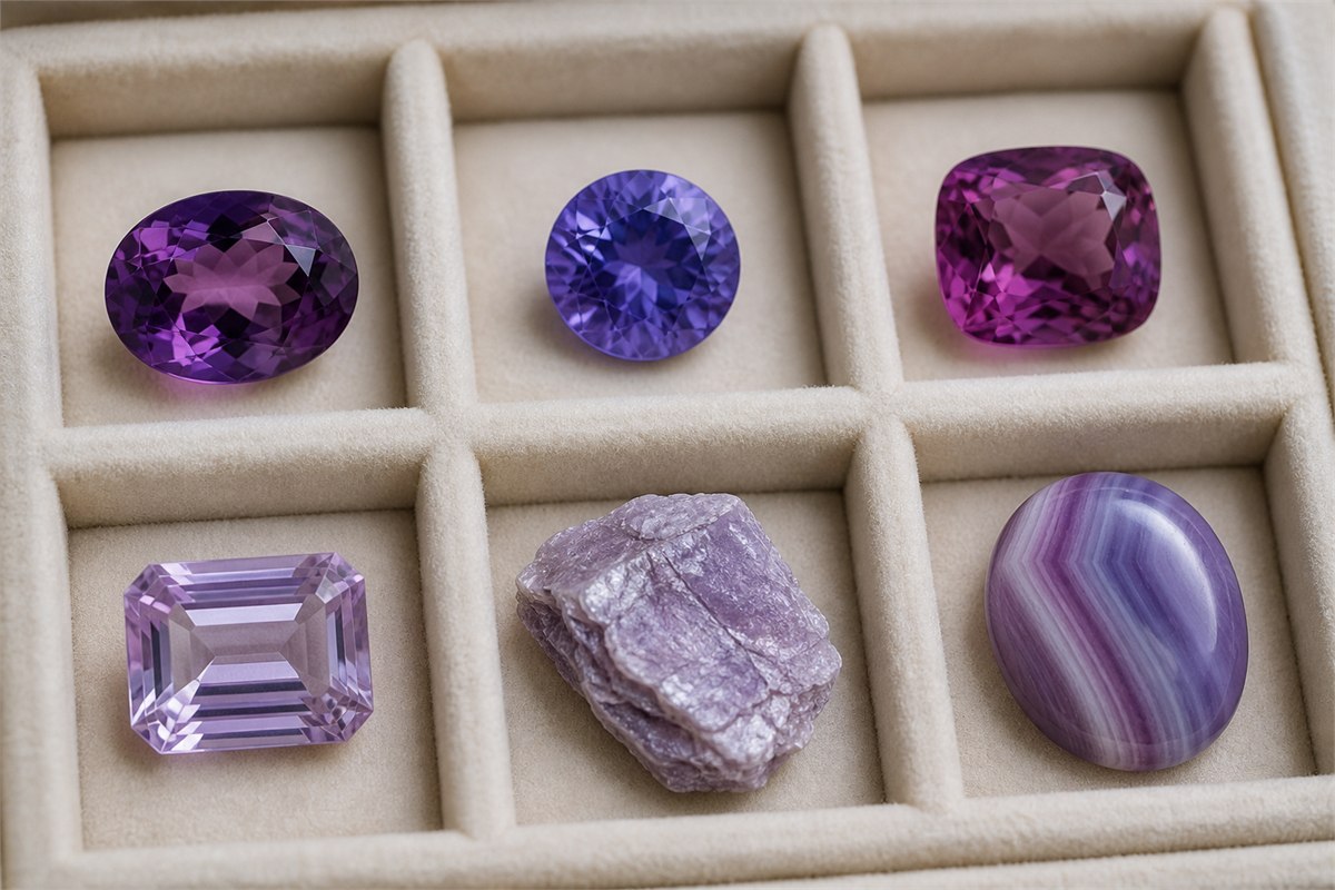 Amethyst, violet sapphire, purple spinel, lilac kunzite, lepidolite, and banded purple agate in separate tray compartments
