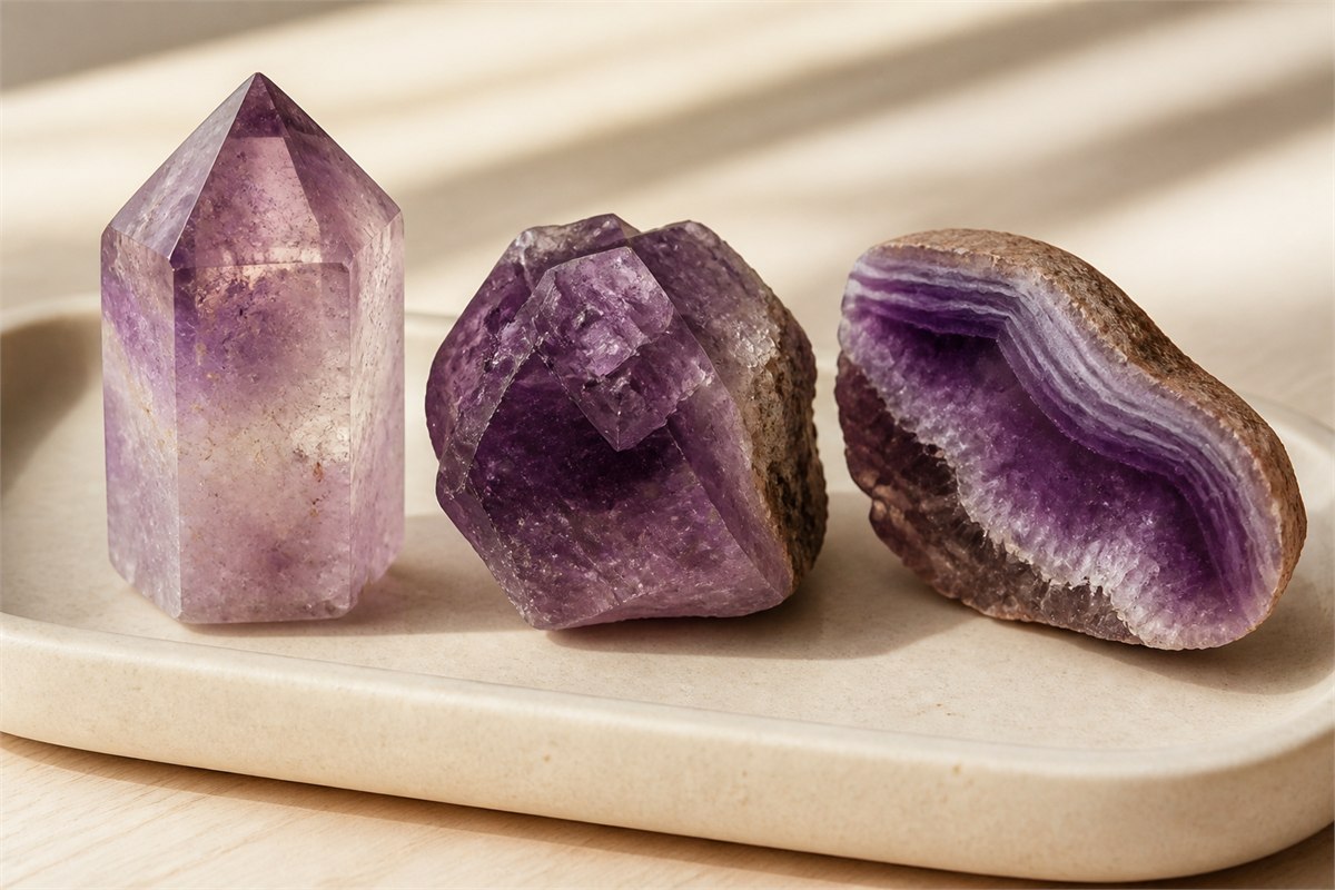 Pale lilac crystal point, violet amethyst cluster, and banded geode section showing varied quartz color and transparency