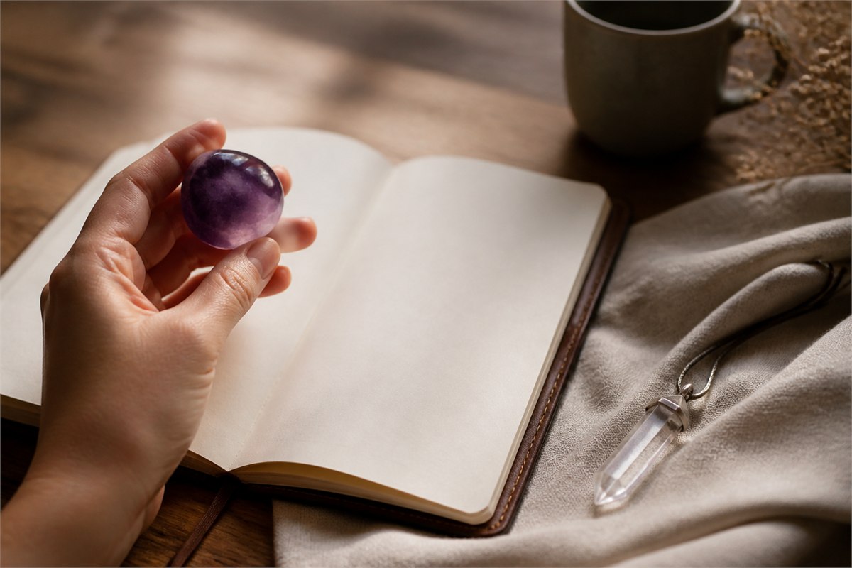 Hand holding a smooth amethyst stone above a blank journal with a clear quartz pendant nearby