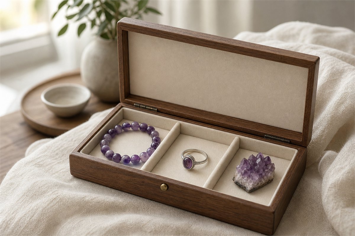 Amethyst bracelet, ring, and cluster stored separately in a shaded cream-lined jewelry box