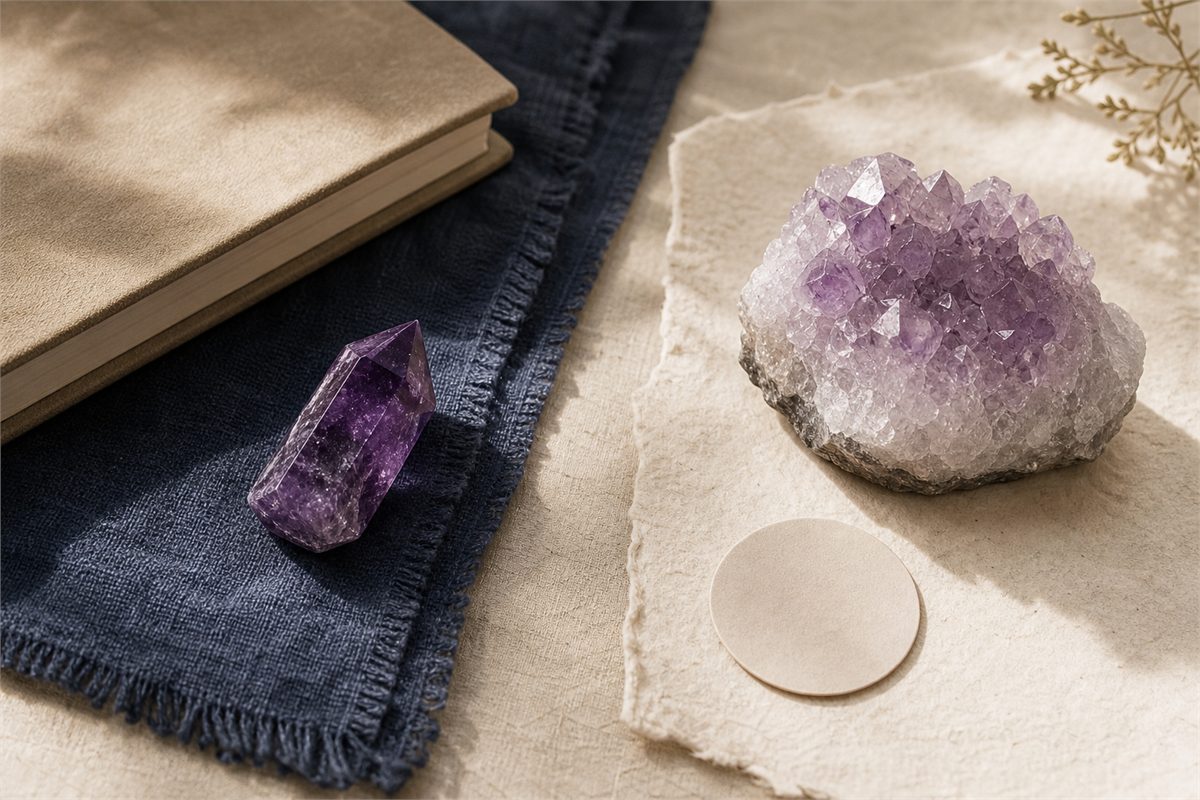 Two amethyst stones arranged between an indigo cloth and ivory paper with a quiet open journal