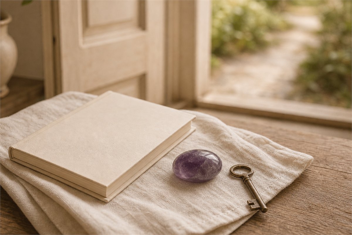 Amethyst palm stone beside a closed journal, walking key, and folded linen near a softly lit doorway