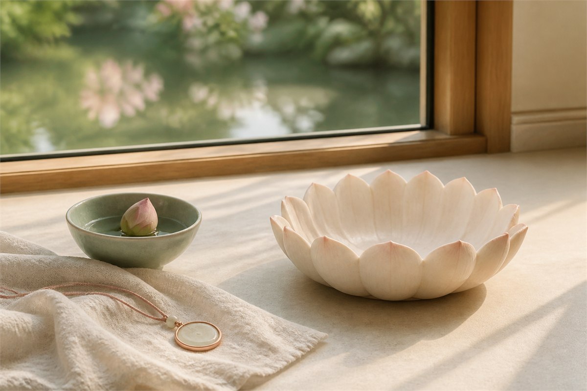 Empty pale lotus seat beside a lotus bud in a ceramic bowl and a pendant near a garden window