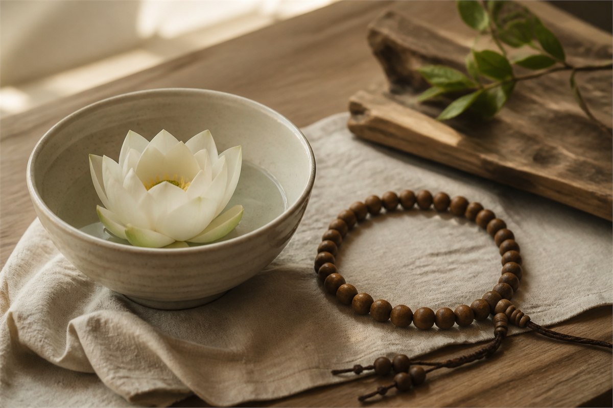 Single pale lotus in a simple ceramic bowl beside wooden prayer beads in warm window light