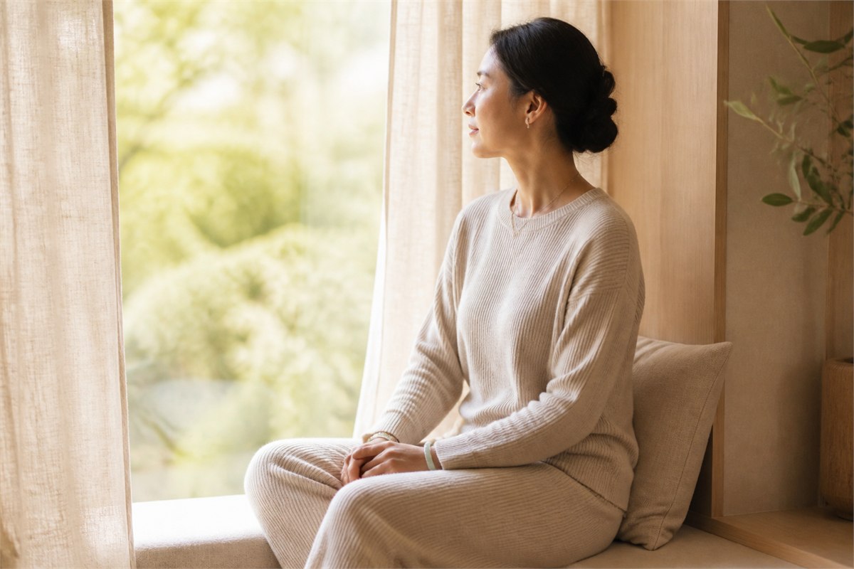 Person seated quietly near a window with hands resting comfortably in their lap