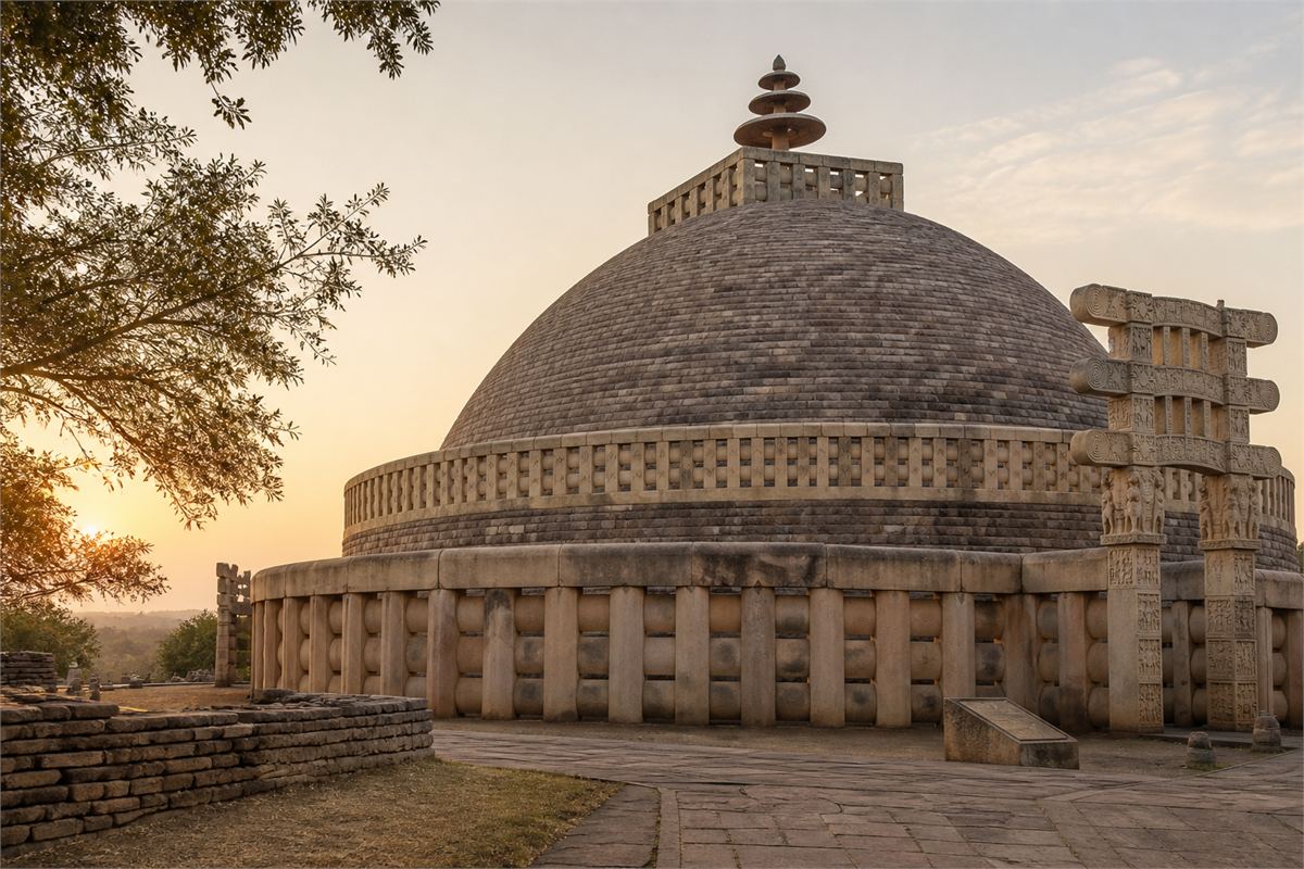 Ancient hemispherical Indian Buddhist stupa with stone railing in soft sunrise light