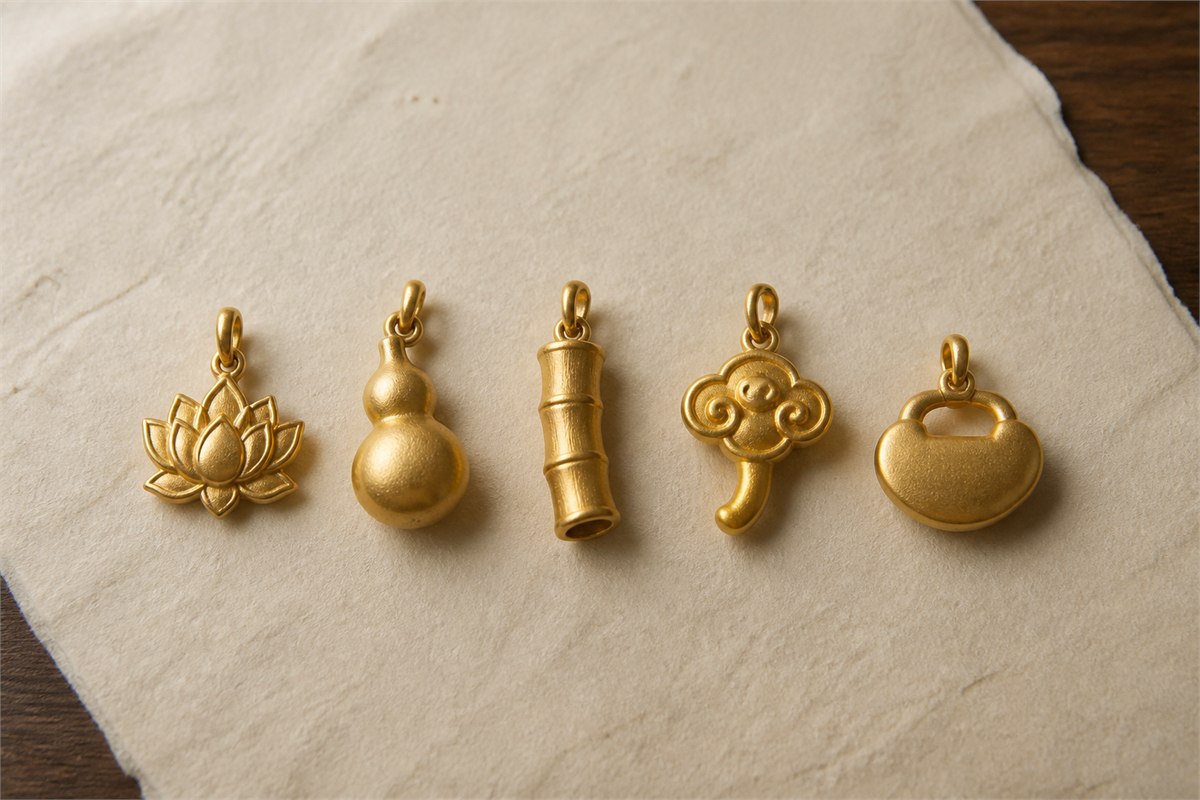 Five gold charms shaped as lotus gourd bamboo joint ruyi cloud and peace lock