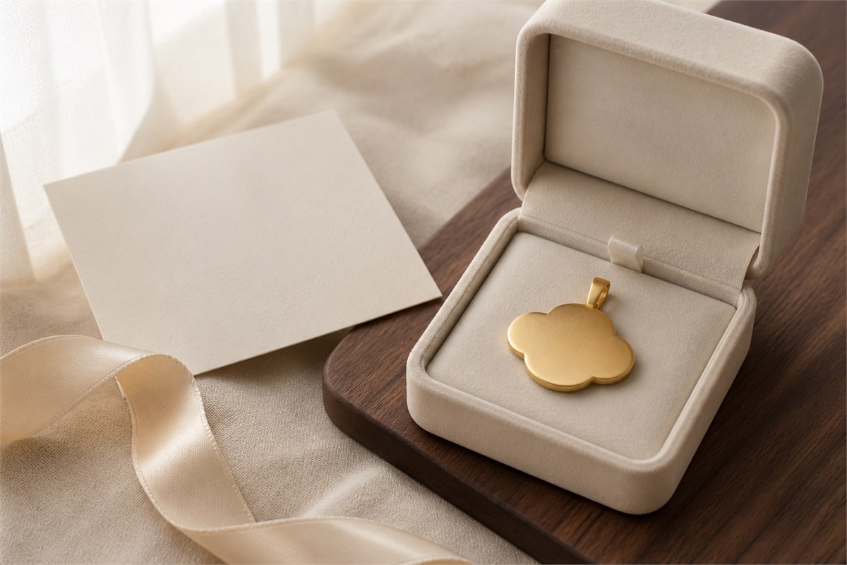 Plain ruyi-cloud shaped matte gold pendant in an ivory gift box with blank card