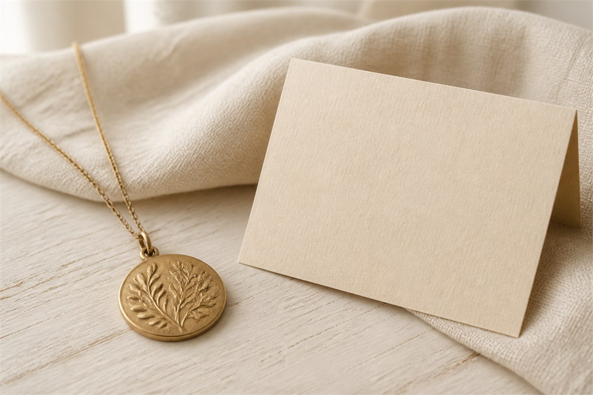 Matte ancient-style gold pendant beside a blank gift card on warm ivory linen